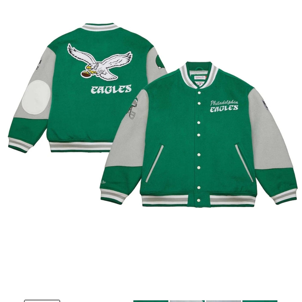 Mitchell & Ness Green and Gray Philadelphia Eagles Varsity Jacket - Picture 3 of 15